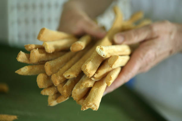 Fresh baked breadsticks in Italy in Italy, Piedmont, Roddino