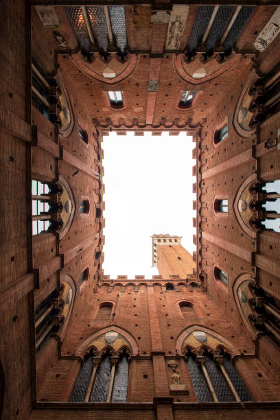 Daytime view of Palazzo Pubblico and Torre del Mangia in Piazza del Campo, Siena, Tuscany, Italy.