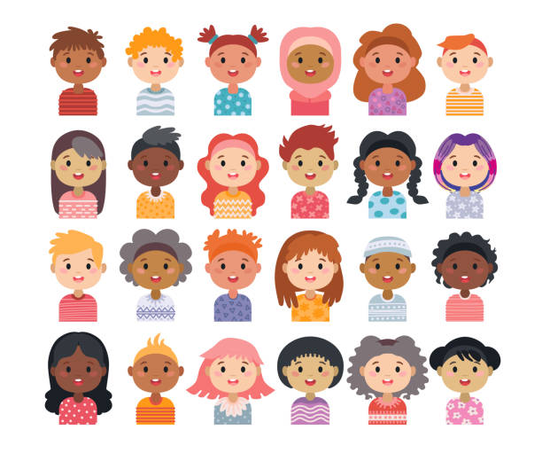 ilustraciones, imágenes clip art, dibujos animados e iconos de stock de conjunto de avatares de personajes infantiles. - computer graphic multi colored little girls teenage girls