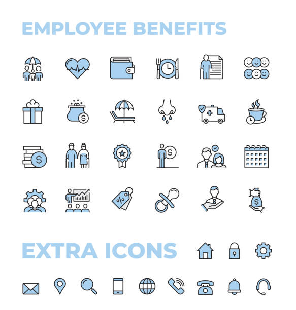 illustrazioni stock, clip art, cartoni animati e icone di tendenza di set di icone colore sottile dei vantaggi per i dipendenti - indennità