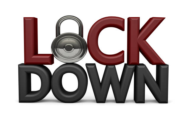3D rendering of stay at home and quarantine concept. Lockdown due to Global Pandemic. Red and black LOCKDOWN text with a padlock on white background. Fight Against the Spreading of Coronavirus.