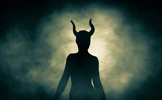Rear view of silhouette wicked woman walking in the dark,3d rendering