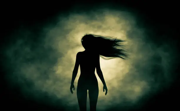 Rear view of silhouette ghost woman walking in the dark,3d rendering