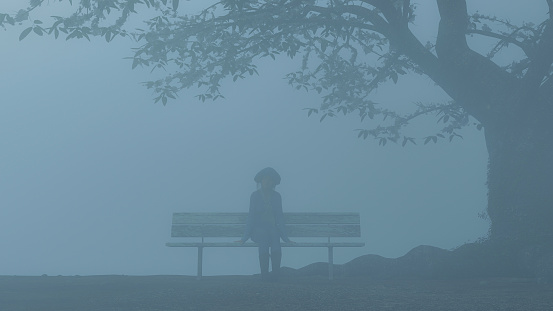 Woman sitting on bench in foggy atmosphere,3d rendering