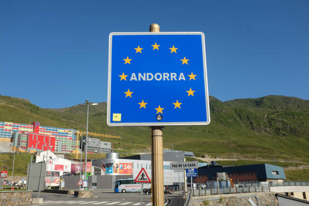 Sign with design of European Union marking the border to Andorra Pas de la Casa, Andorra - August 04, 2016: Sign with design of European Union marking the border to Andorra on August 04, 2016. Pas de la Casa is the first town in Andorra behind the French border. It is known for its duty free shopping centers and unusual remote location beyond the tree line. andorra stock pictures, royalty-free photos & images