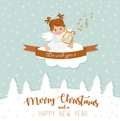 Christmas Angel playing harp greeting card with Christmas and new year wishes.