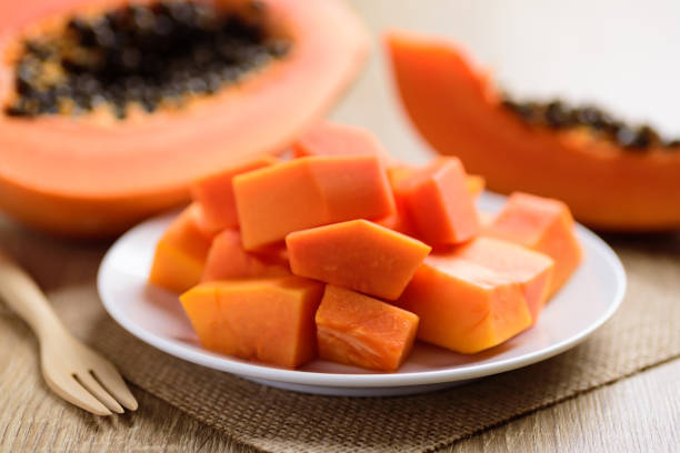istock Sliced ripe papaya fruit on white plate 1221509107