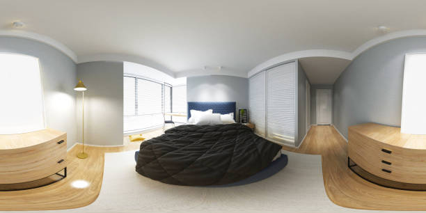 istock 3D RENDER OF MODERN HOTEL ROOM, 360 DEGREES VIEW 1221512072