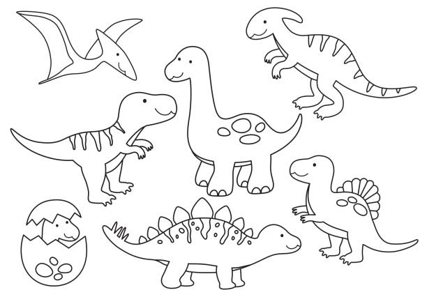 Vector line set of Dinosaurs Outline for Coloring Vector line set of Dinosaurs. Dinosaur outline for coloring including Stegosaurus, Brontosaurus, Velociraptor, Triceratops, Tyrannosaurus rex, Spinosaurus. dinosaur outlines cartoon stock illustrations