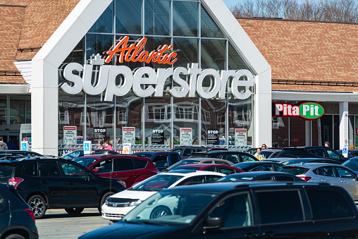 April 25, 2020 - Sackville, Canada - Atlantic Superstore located on Sackville Drive. The grocery store is practicing physical distancing and offering senior citizen-specific store hours during the ongoing COVID-19 pandemic.