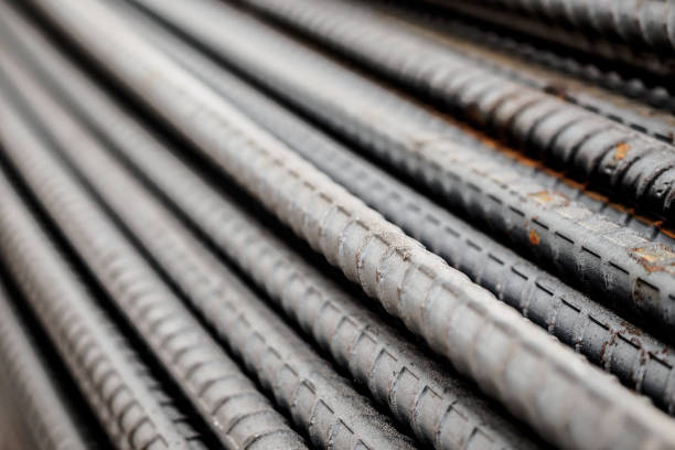 istock Deformed steel bars metal texture close up 1221516588