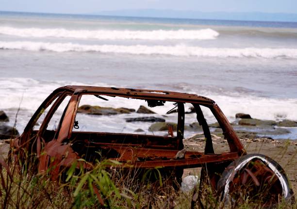 istock Rusted Abandoned Car Shell on the Beach 1221517374