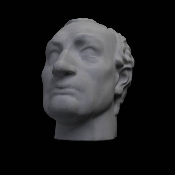 istock Monochrome 3D rendering illustration of head bust classical sculpture isolated on black background 1221519649