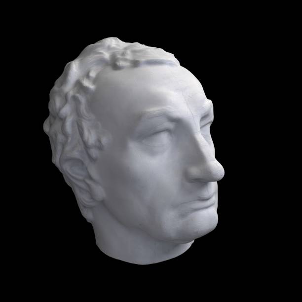 istock Monochrome 3D rendering illustration of head bust classical sculpture isolated on black background 1221519731