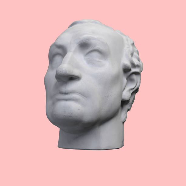 istock Monochrome 3D rendering illustration of head bust classical sculpture isolated on pink background 1221520489