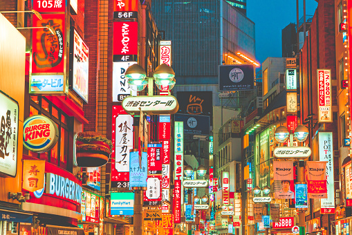 Kabukicho pass illuminated at night in Shinjuku district, Tokyo. The area is a commercial an entertainment zone