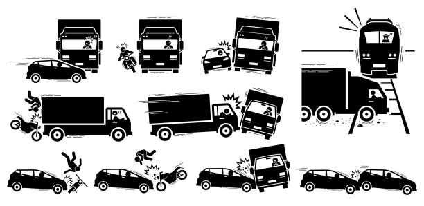 Vector cliparts of road accident between car, motorcycle, lorry, and train. Road accident and vehicle crash collision icons. pileup stock illustrations