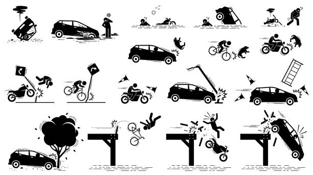 ilustraciones, imágenes clip art, dibujos animados e iconos de stock de peligro de carretera, accidente de coche y percance de tráfico. - choque