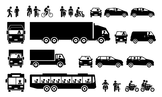 Vector cliparts of man walking, cycling bicycle, riding motorbike, motorist driving car, lorry, and van. Many people taking public bus.