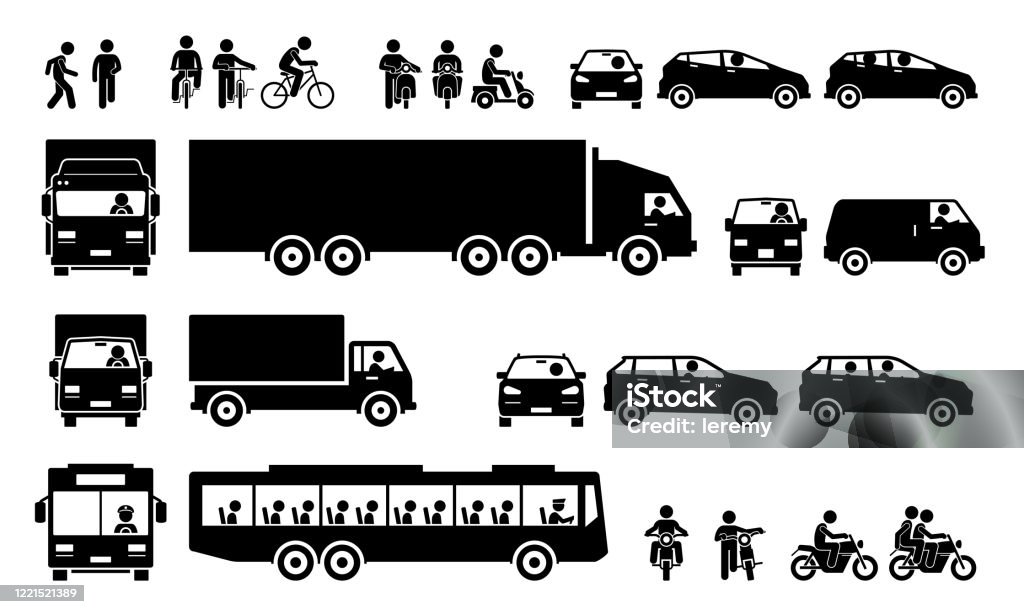 Road transports and transportation icons. Vector cliparts of man walking, cycling bicycle, riding motorbike, motorist driving car, lorry, and van. Many people taking public bus. Icon stock vector