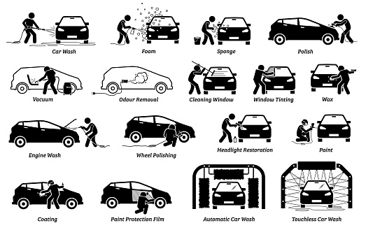 Vector illustrations of auto car detailing services of car wash, polishing, cleaning, waxing, repainting, ceramic coating, and paint protection film.