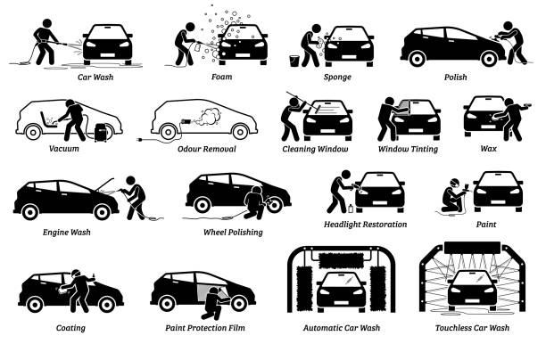 Professional auto car detailer icons set. Vector illustrations of auto car detailing services of car wash, polishing, cleaning, waxing, repainting, ceramic coating, and paint protection film. paint symbols stock illustrations