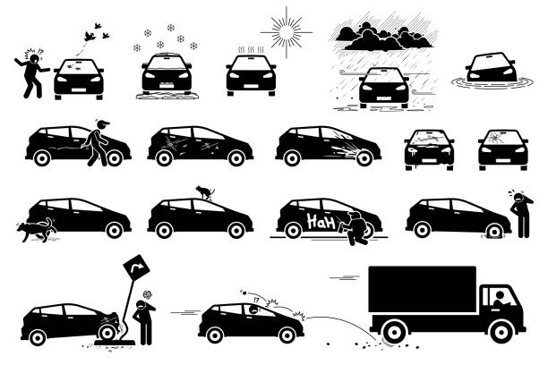 ilustraciones, imágenes clip art, dibujos animados e iconos de stock de el peligro del tiempo, los animales y la carretera destruye y daña los iconos de los coches. - dented