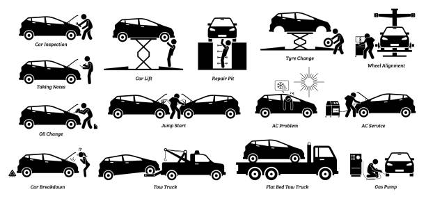 ilustraciones, imágenes clip art, dibujos animados e iconos de stock de mecánico comprobar y arreglar el coche en el garaje del taller. - car motor vehicle towing repairing