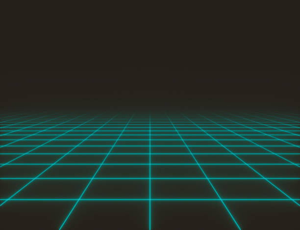 istock Retro style neon grill, hazy green glowing grid floor. Futuristic grid background, 3d Rendering 1221522315