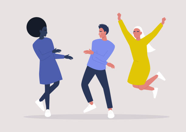 ilustraciones, imágenes clip art, dibujos animados e iconos de stock de un grupo diverso de personajes de baile, estilo de vida milenario - healthy lifestyle jumping people happiness