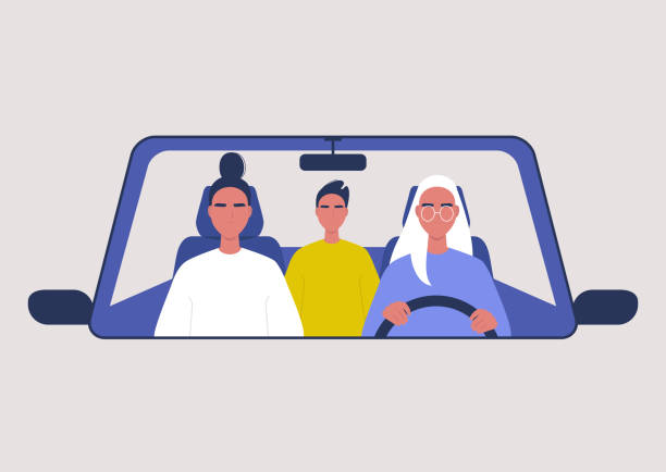 ilustrações, clipart, desenhos animados e ícones de serviço de compartilhamento de carros, táxi, três personagens dentro de um veículo - car driving front view cartoon