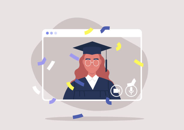 illustrations, cliparts, dessins animés et icônes de distanciation sociale, l’éducation en ligne, étudiante auto-isolée assistant à une cérémonie de remise des diplômes 2020 par appel vidéo - mortar board child female people