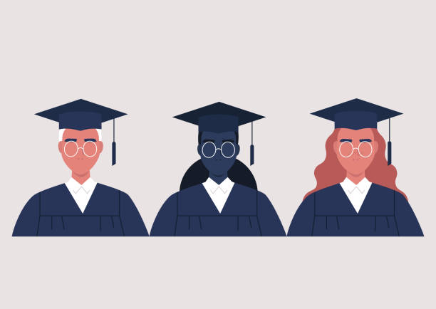 ilustrações, clipart, desenhos animados e ícones de estudantes graduados usando vestidos e bonés, diversidade - graduation gown