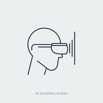 Vector line icon of virtual reality technology and entertaiment - VR scanning screen. Isolated black outline icon for web use. Equipment for augmented reality system