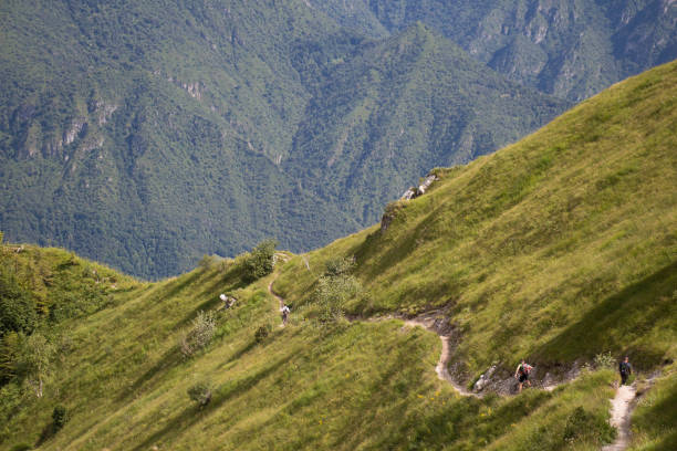 istock Tourists walking on a trail in mountains. 1221522508