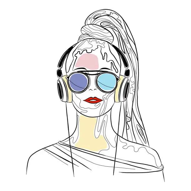 Vector illustration of Vector graphic illustration of beautiful cute face of young sexy artistic girl with thick long hair, sunglasse, red lips, headphones. Hand drawn sketch line drawing. Portrait closeup woman. Silhouette