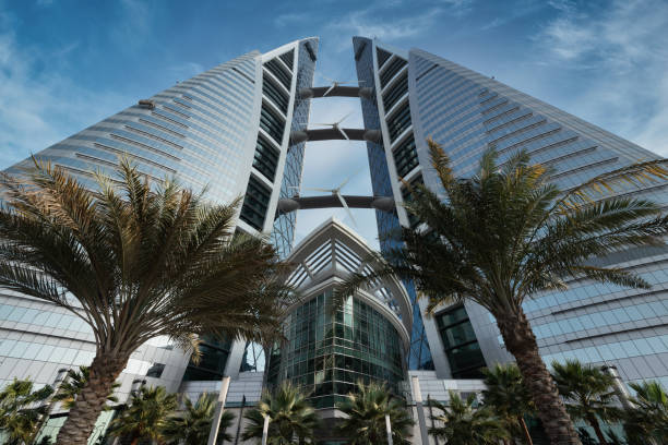 Bahrain World Trade Center in Manama Bahrain Middle East Manama, Bahrain - December 23rd, 2018: Modern Bahrain World Trade Center in Downtown Manama. The sustainable built Bahrain World Trade Center produces the electrical power with built-in wind turbines. Manama, Bahrain, Persian Gulf Countries, Middle East manama stock pictures, royalty-free photos & images