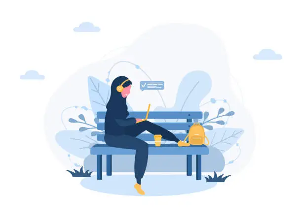 Vector illustration of Womens freelance. Arabian girl in hijab with laptop sitting on bench in park. Concept illustration for working outdoors, studying, communication, healthy lifestyle. Vector illustration in flat style.