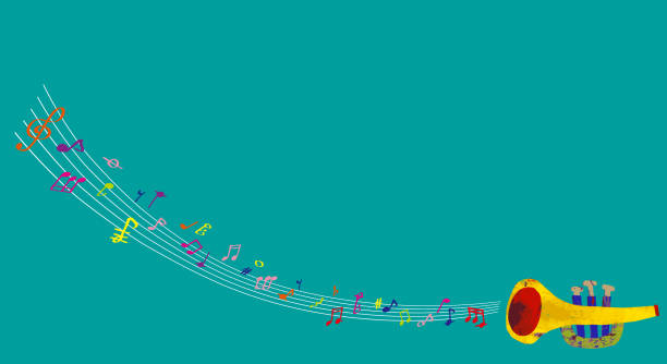 ilustrações, clipart, desenhos animados e ícones de uma trombeta amarela fofa e as notas coloridas - bugle music musical instrument musical note