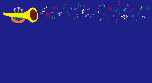 ilustrações, clipart, desenhos animados e ícones de um trompete bonito e simples e algumas notas coloridas - bugle music musical instrument musical note