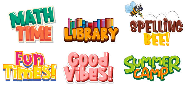 Six designs of sticker with colorful fonts Six designs of sticker with colorful fonts illustration spelling bee stock illustrations