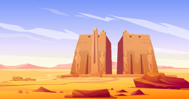 ilustrações de stock, clip art, desenhos animados e ícones de ancient egyptian temple with statue and obelisk - luxor