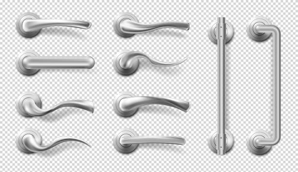 Vector realistic metal door handles and pulls Metal door handles for room interior in office or home. Vector realistic set of modern chrome lever handles in different shapes and long door pulls isolated on transparent background doorknob stock illustrations