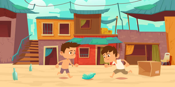ilustrações, clipart, desenhos animados e ícones de crianças no gueto jogam futebol com garrafa e caixa - favela