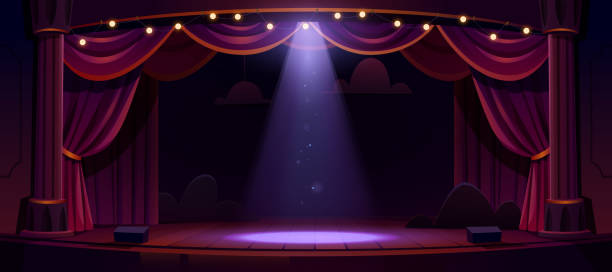 ilustrações, clipart, desenhos animados e ícones de palco de teatro escuro com cortinas vermelhas e holofotes - theatrical performance curtain stage theater stage