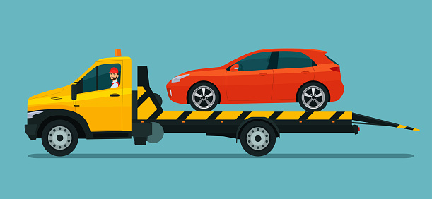 Tow truck with a driver carries a hatchback car. Vector flat style illustration.