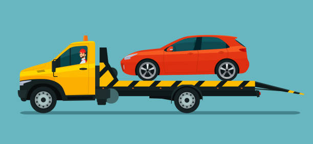 Tow truck with a driver carries a hatchback car. Vector flat style illustration. Tow truck with a driver carries a hatchback car. Vector flat style illustration. winch cable stock illustrations