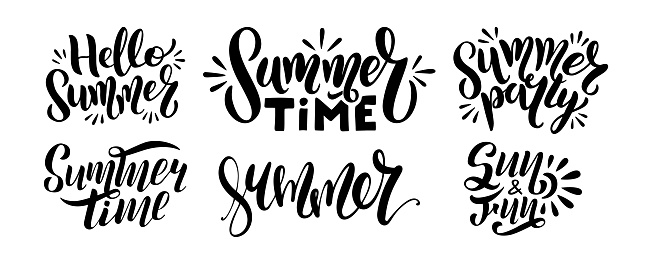 Set of logo text - hello summer, summer time, party, sun and fun. Typography for poster with hand drawn lettering isolated on white background. Vector illustration for postcard, banner, print.