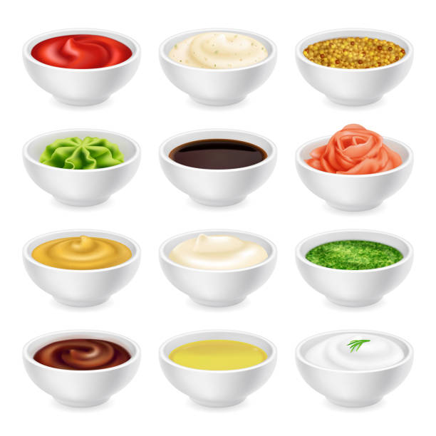 그릇에 다른 소스의 세트 - mustard bowl isolated condiment stock illustrations