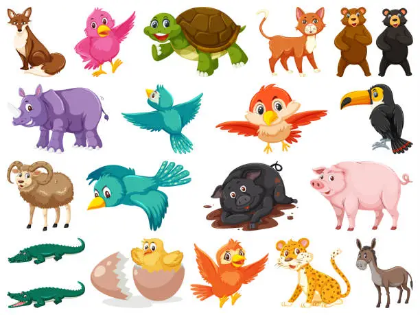 Vector illustration of Large set of wild animals on white background